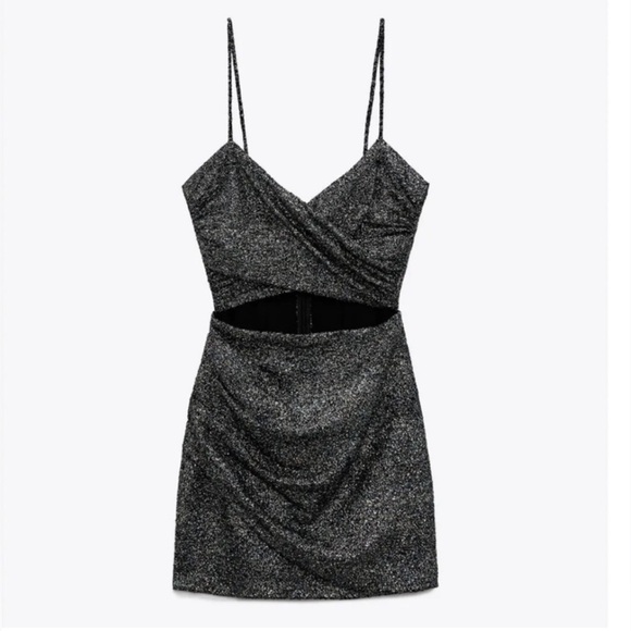 NWT ZARA Cut-Out spaghetti strap sparkly mini dress - XL - Black - Picture 7 of 10
